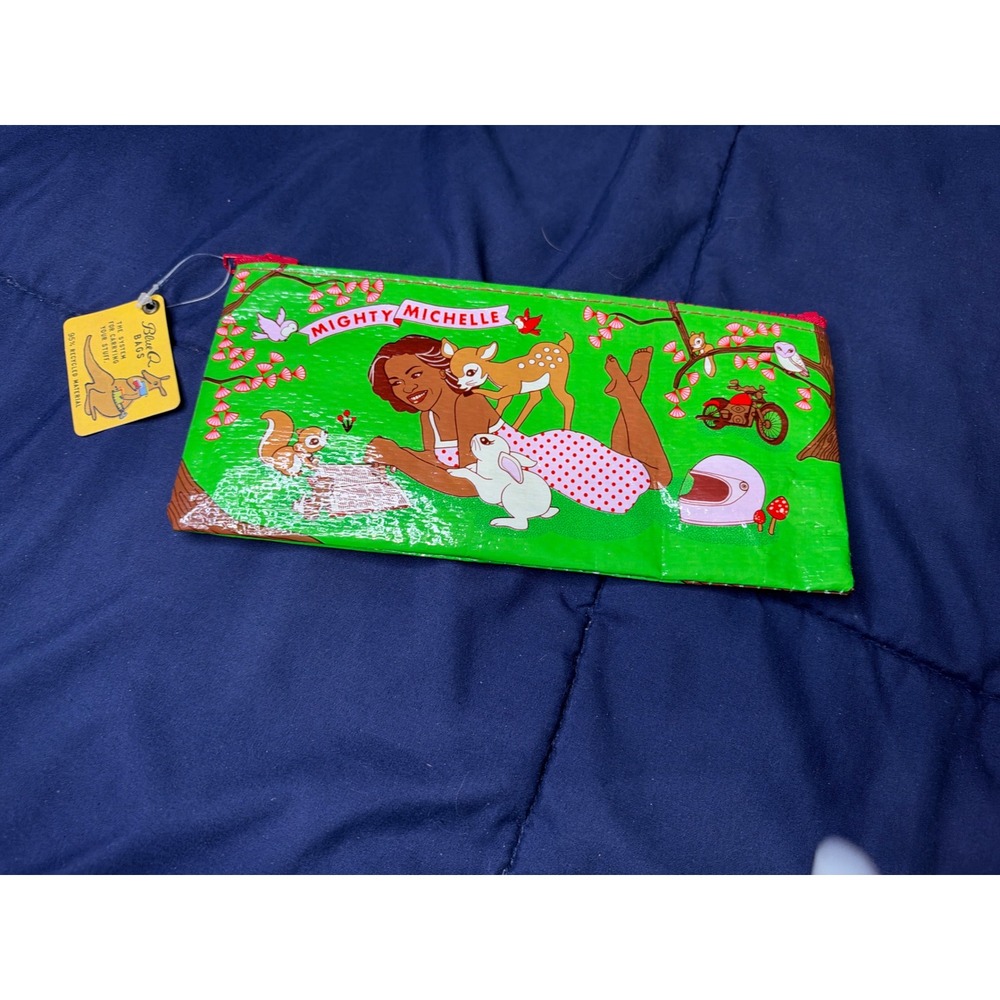 NWT Blue Q Zipper Pouch OS Green Mighty Michelle Recycled Pencil Case Obama